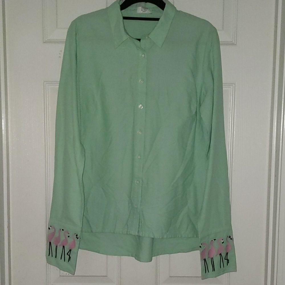 Crown & Ivy embroidered flamingo shirt Sz PM